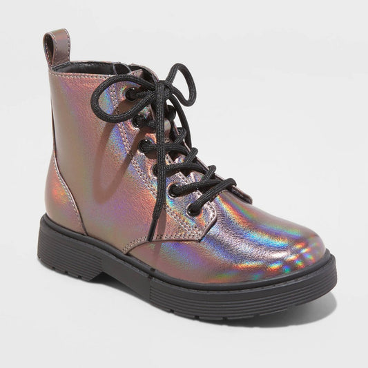 Girls' Zoe Metallic Zipper Lace-up Combat Boots — Youth Girls' Fashion Footwear