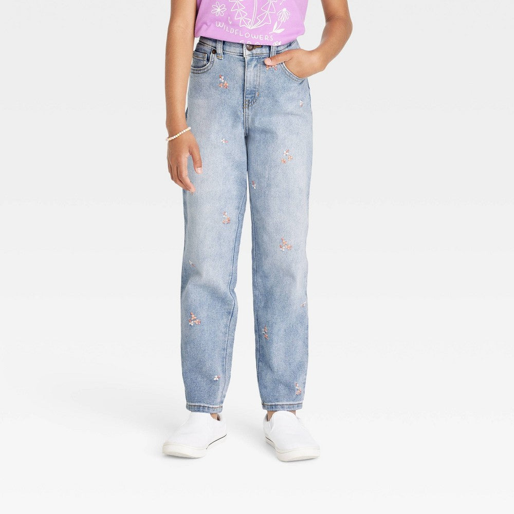 Girls' Floral Embroidered High-Rise Ankle Straight Jeans - Cat & Jack™ Medium Wash 5
