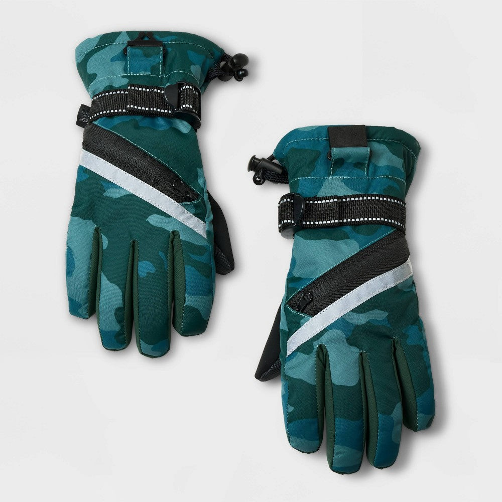 Kids' Camo Printed Zipper Ski Gloves - All in Motion™ Green