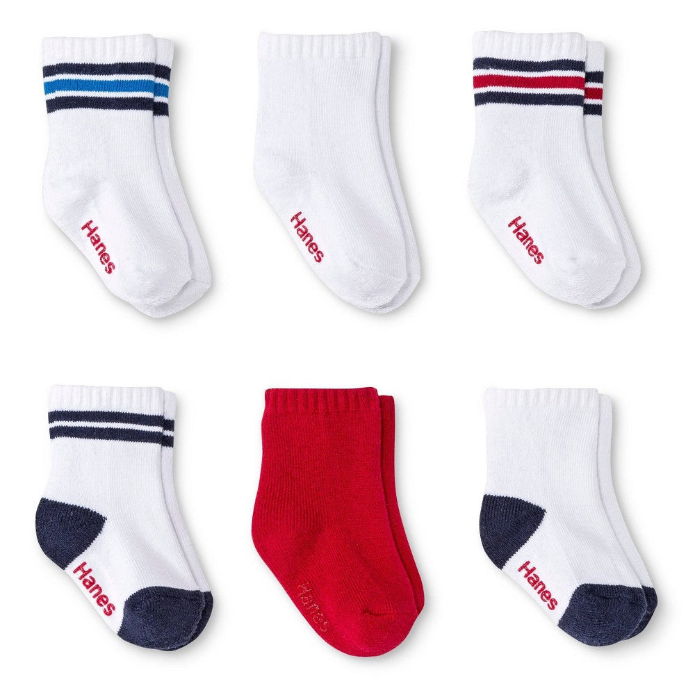 Hanes Toddler Boys' Crew Socks 6-Pack 2T-3T, Colors Vary