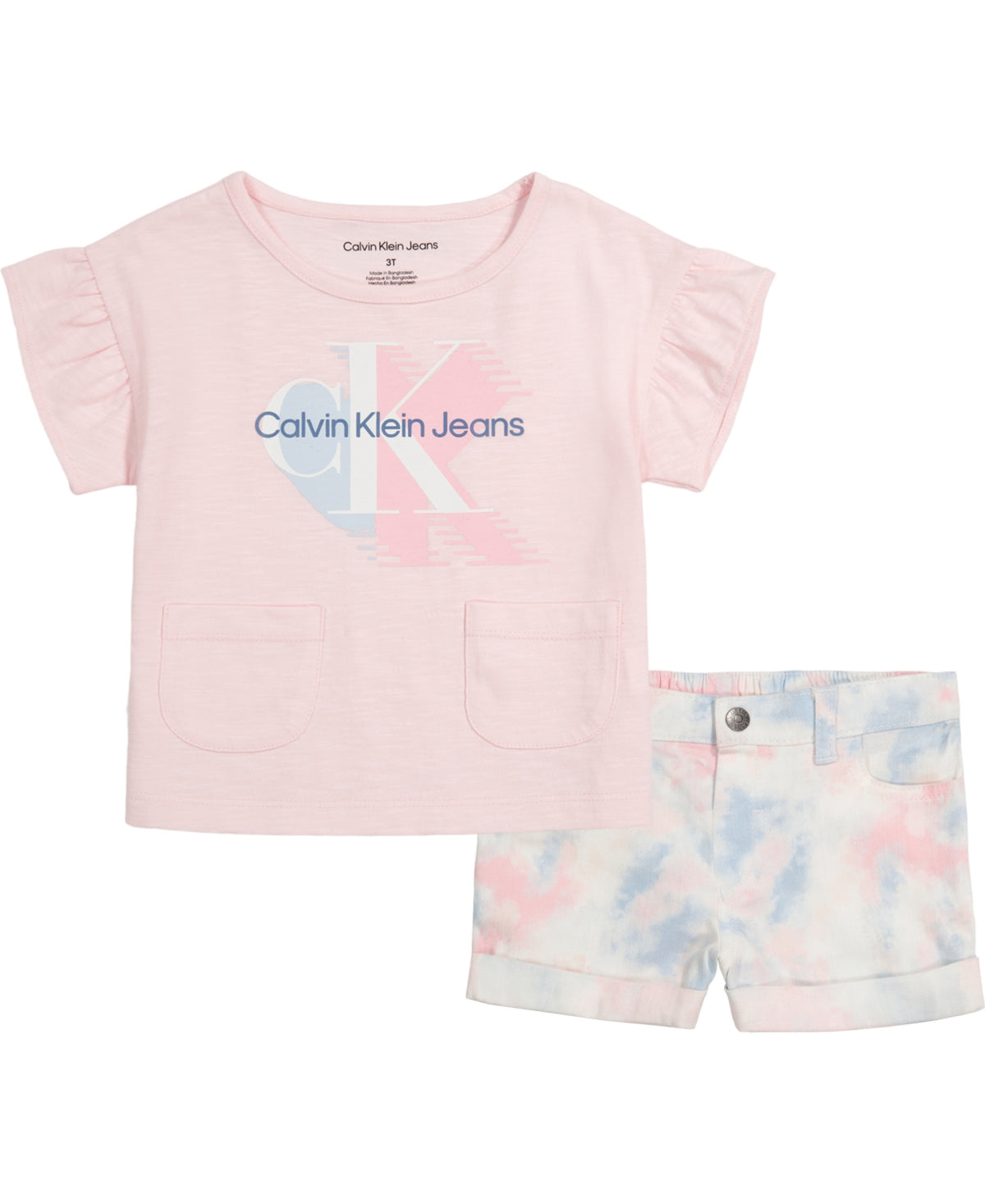 Calvin Klein Baby Girls 2-Piece Ruffled T-Shirt and Shorts, 12 Months
