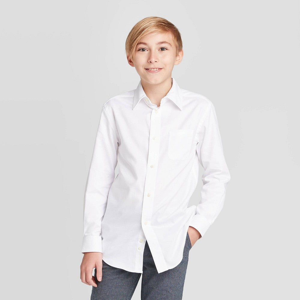 Boys' Long Sleeve Woven Button-Down Shirt - Cat & Jack™ White L: Classic Fit, Herringbone Pattern, Cotton-Polyester Blend