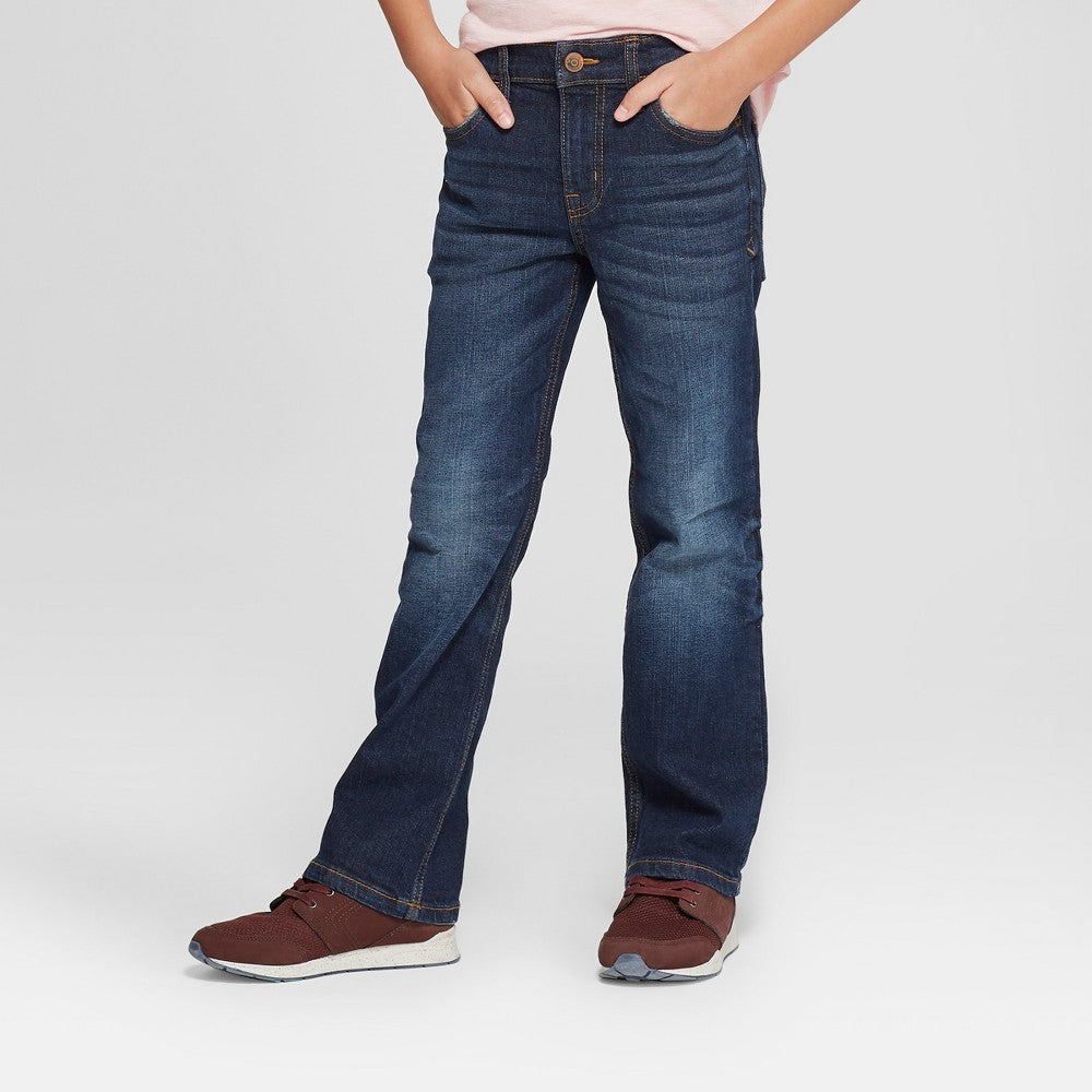 Boys' Stretch Bootcut Fit Jeans - Cat & Jack™ Dark Blue 10 Husky: Adjustable Waistband, Heavyweight Denim