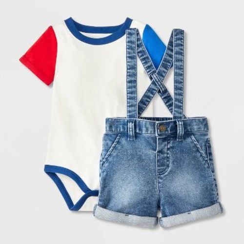 Cat & Jack Boys' Denim Suspender Set 3-6M Red/Blue