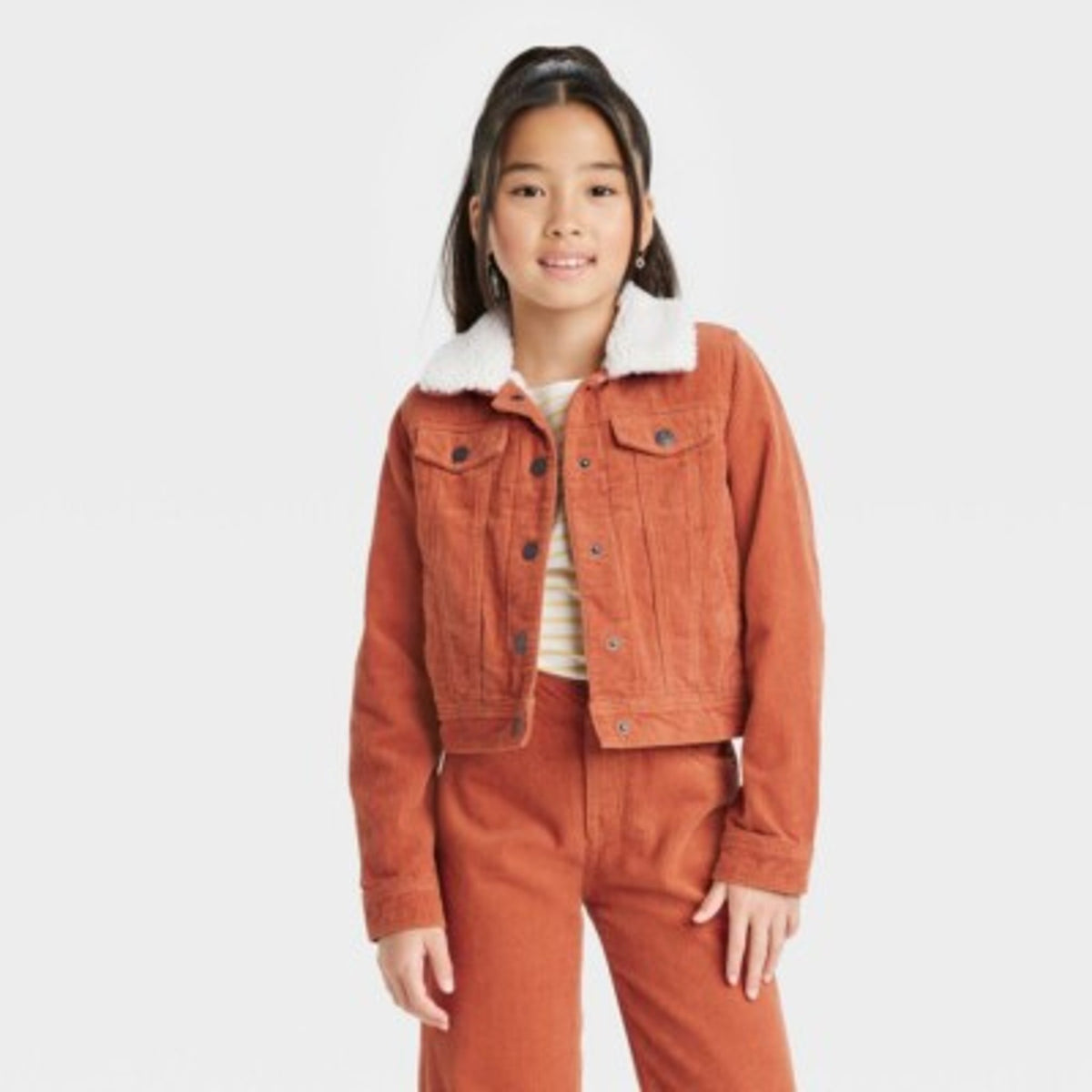 Cat & Jack Girls' Sherpa Corduroy Jacket Orange L