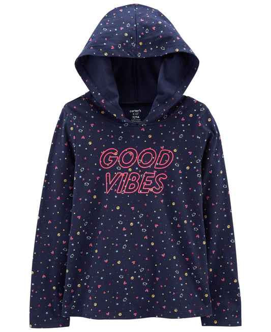 Carter's Big Girls Good Vibes Long Sleeve Jersey Hoodie - Blue