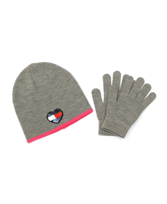 Tommy Hilfiger Big Girls Sequin Flag Heart Beanie and Glove Set, 2 Piece - Medium Gray Heather