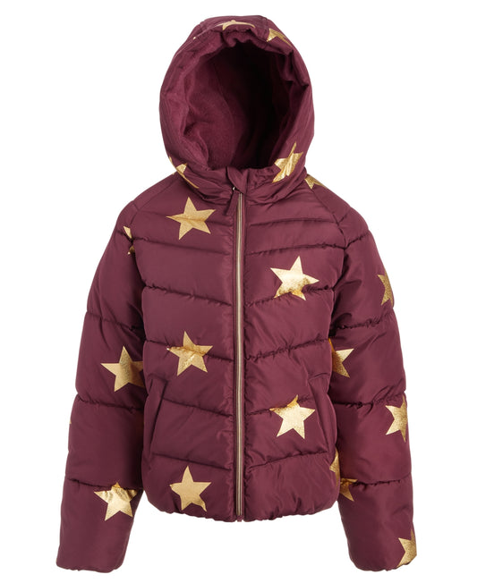 S Rothschild & Co Big Girls Gold Star Foil Printed Puffer Coat - Burgundy
