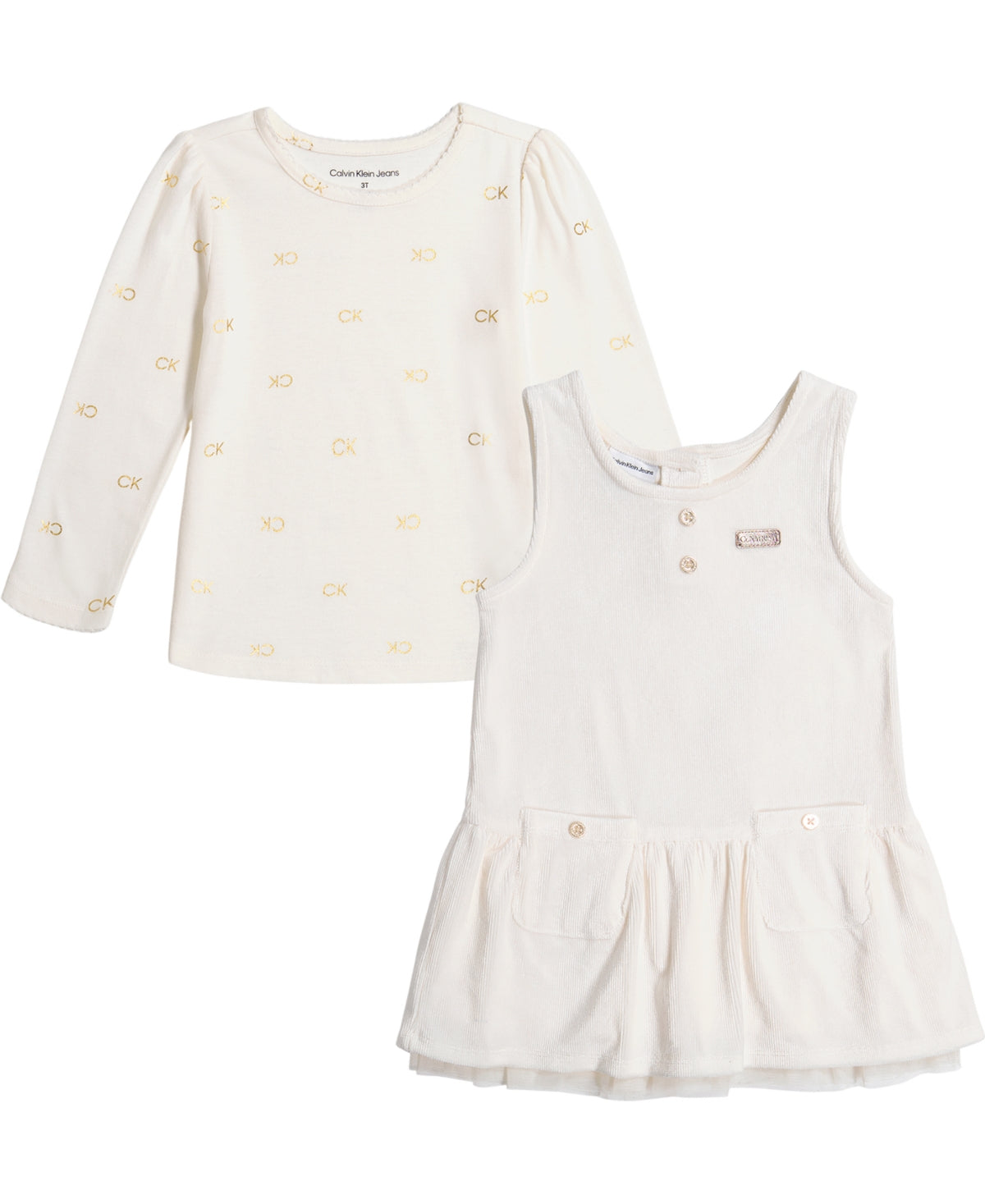 Calvin Klein Little Girls Logo Jersey T-shirt and Ribbed Velour Peplum Jumper, 2 Piece Set - Cream