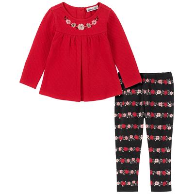Kids Headquarters Toddler Girls Pleat-Front Quilted a-Line Tunic and Floral-Stripe Leggings, 2-Piece Set - Red
