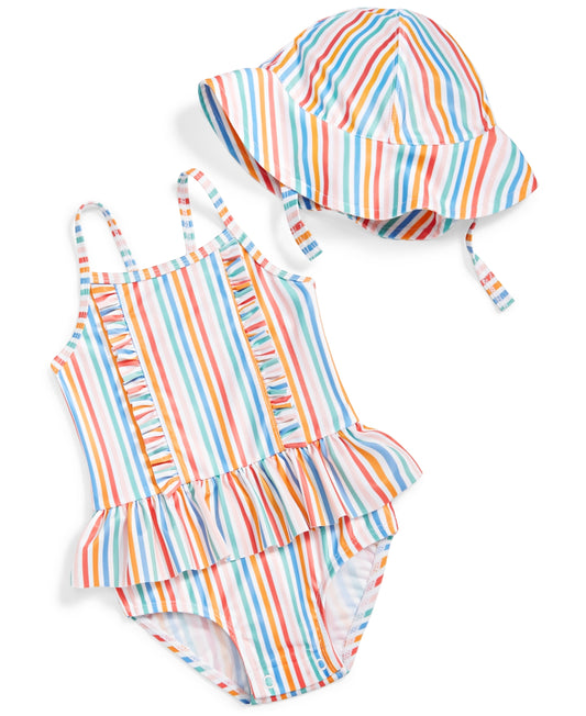 First Impressions Baby Girls Striped One-Piece Swimsuit and Hat 2-Piece Set