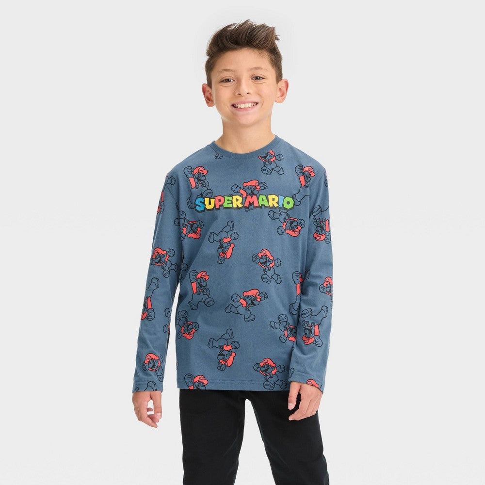 Super Mario Boys' Long Sleeve Graphic T-Shirt Steel Blue S
