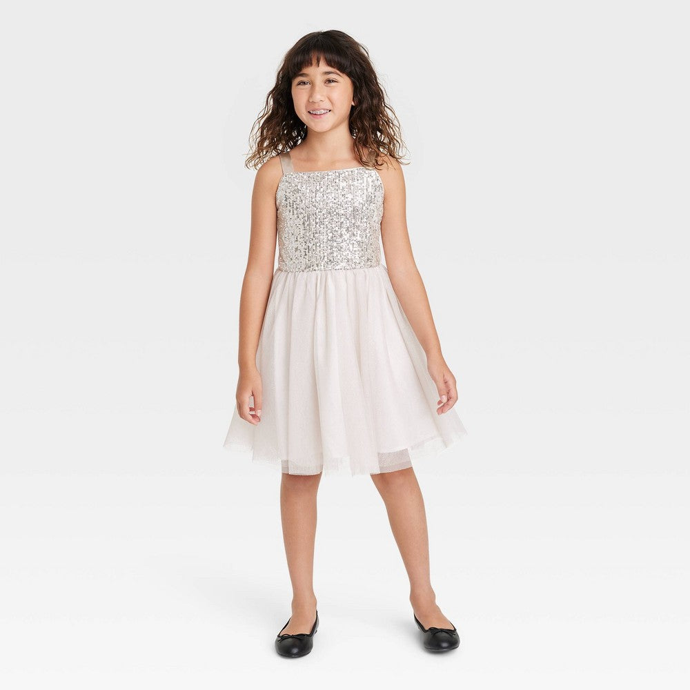 Cat & Jack Girls' Sequin Dress Cream XS Ivory