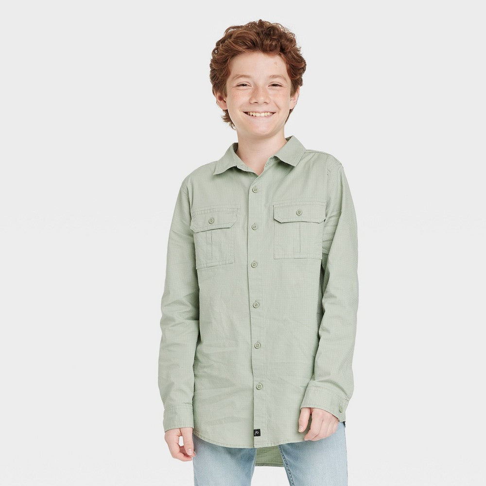 Art Class Boys' Sage Green Woven Utility Shirt - L