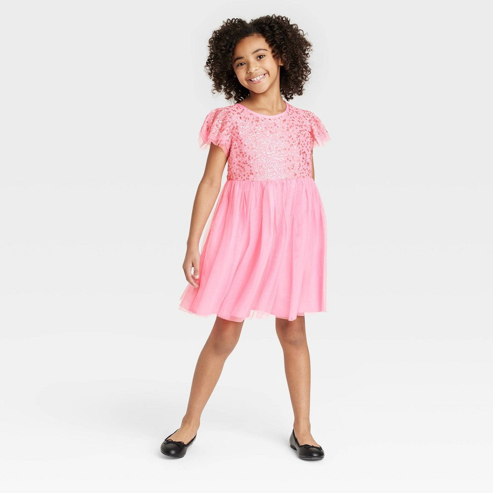 Cat & Jack Girls' Sequin Tulle Dress Short Sleeve Pink L