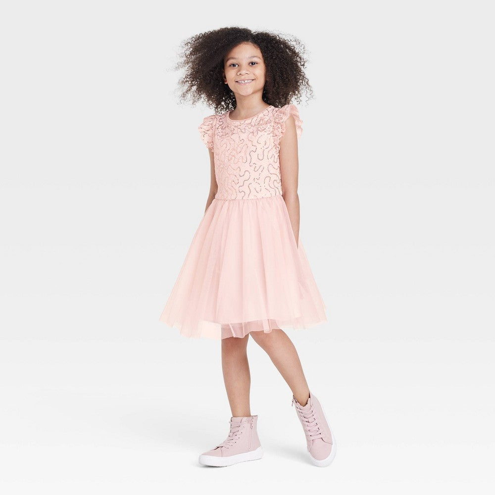 Cat & Jack Girls' Flutter Sleeve Dress, Blush Pink XS