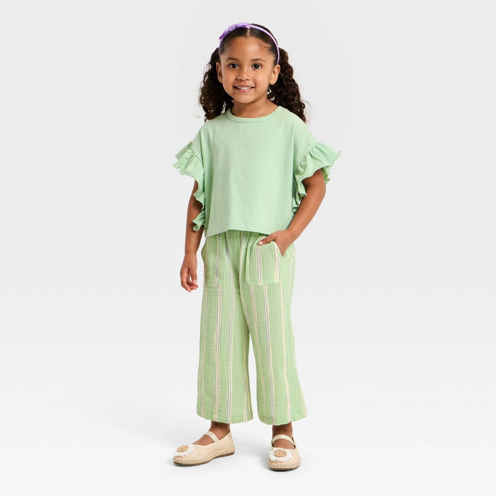 Grayson Mini Toddler Girls' Striped Guaze T-Shirt and Pant Set - Light Green 3T