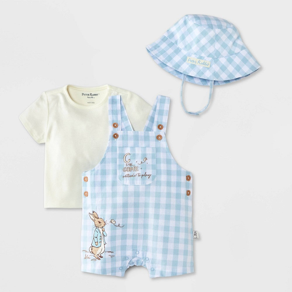 Peter Rabbit Baby Boys' 3pc Gingham Overalls Set, Blue 12M