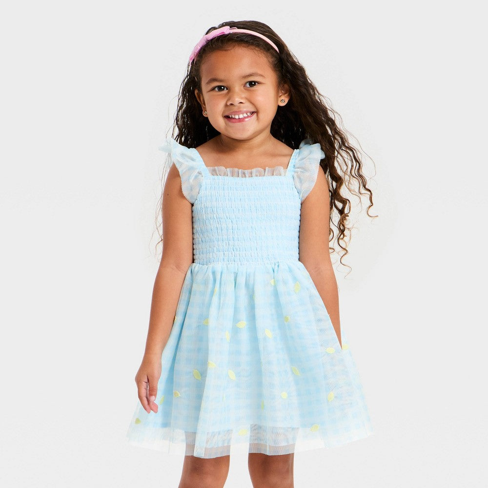 Toddler Girls' Embroidered Lemon Tulle Dress - Cat & Jack Light Blue 4T