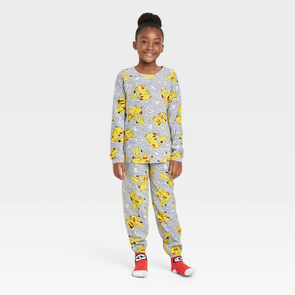 Pokemon Pikachu Girls' Pajama Set with Cozy Socks - XS Gray