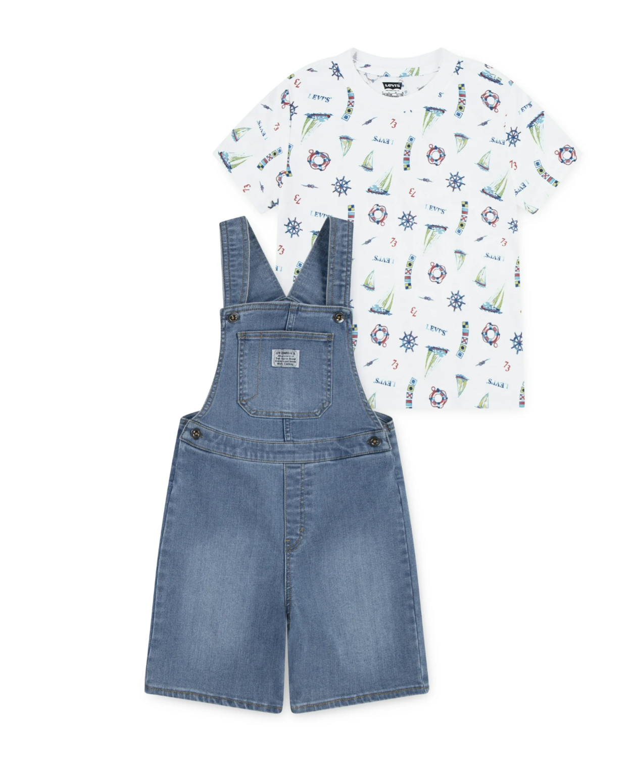 Levi’s Kids Denim Overall Shorts Set with Nautical Tee – Size 7