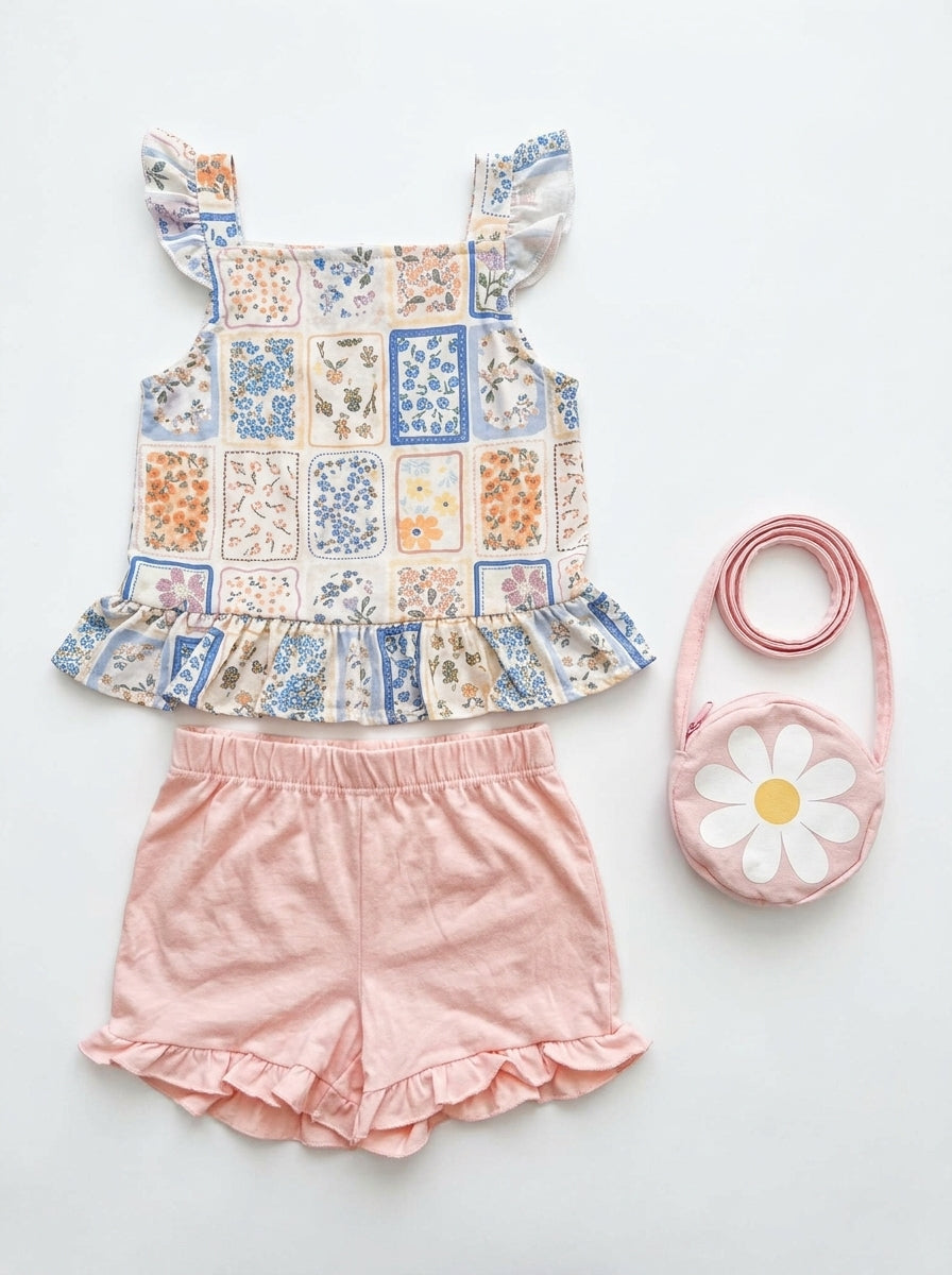Little lass Girls Floral Top and Shorts 3pc Set 6