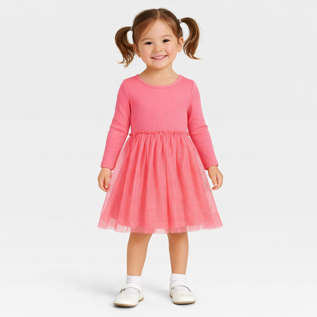 Epic Threads Long-Sleeve Ribbed Glitter-Tulle Dress - Vivacious Pink
