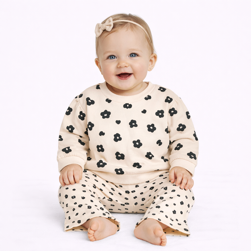 Baby Girls' French Terry Top & Bottom Set - Cat & Jack Black/White/Cream Newborn: Midweight Knit, Pullover Sweatshirt