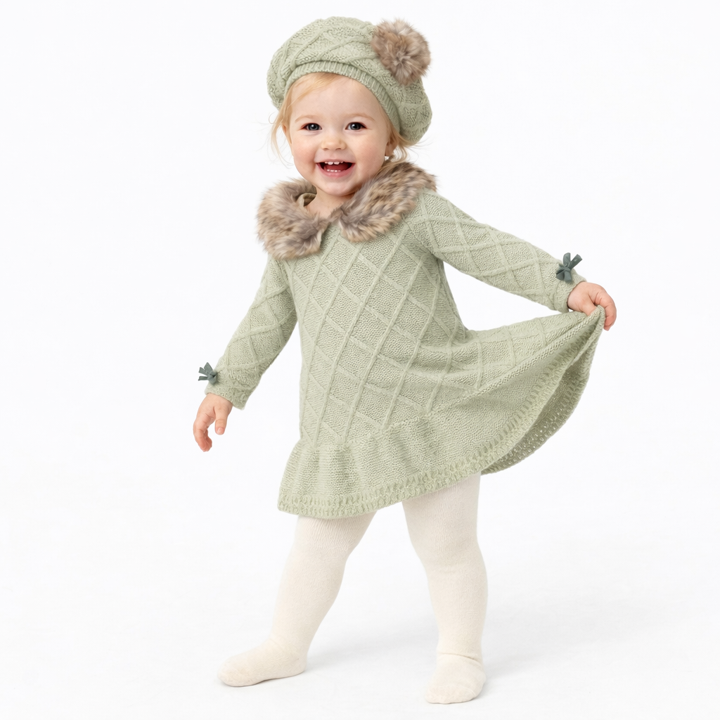 Tahari Green Knit Dress with Faux Fur Collar
