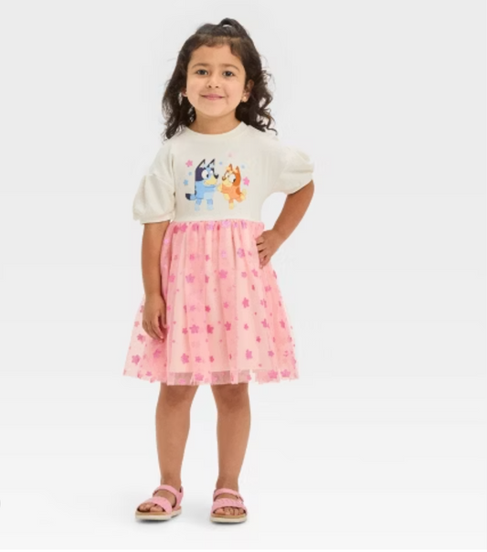 Toddler Girls' Bluey and Bingo Puff Sleeve Tulle Dress - Pink
