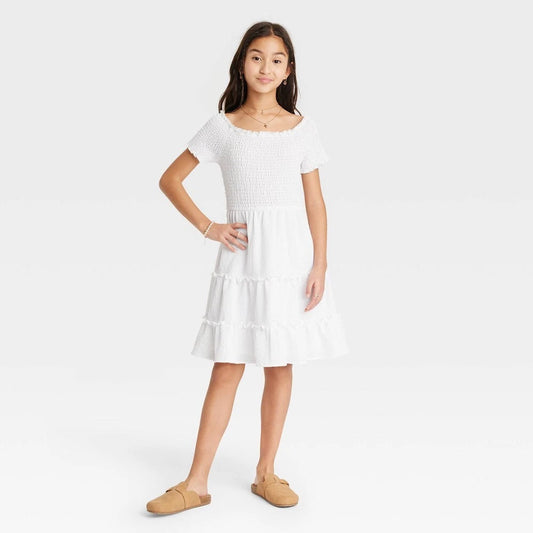 Girls' Short Sleeve Off-Shoulder Smocked Tiered Dress art class White