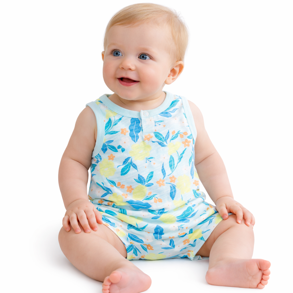 First Impressions Tropical Henley 2pc set 6-9 Months - Oasis Blue