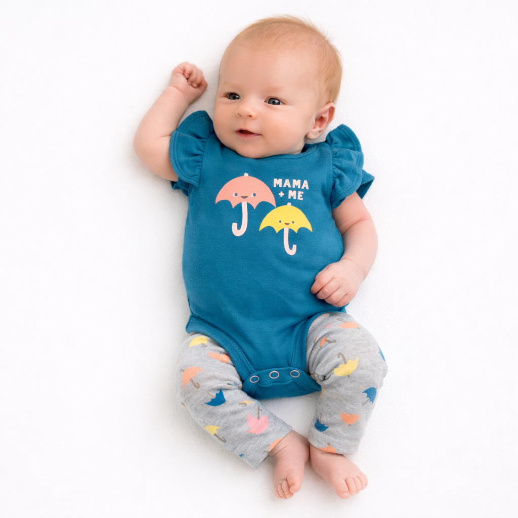 Okie dokie baby girl Blue Onesie with Umbrella Design Set