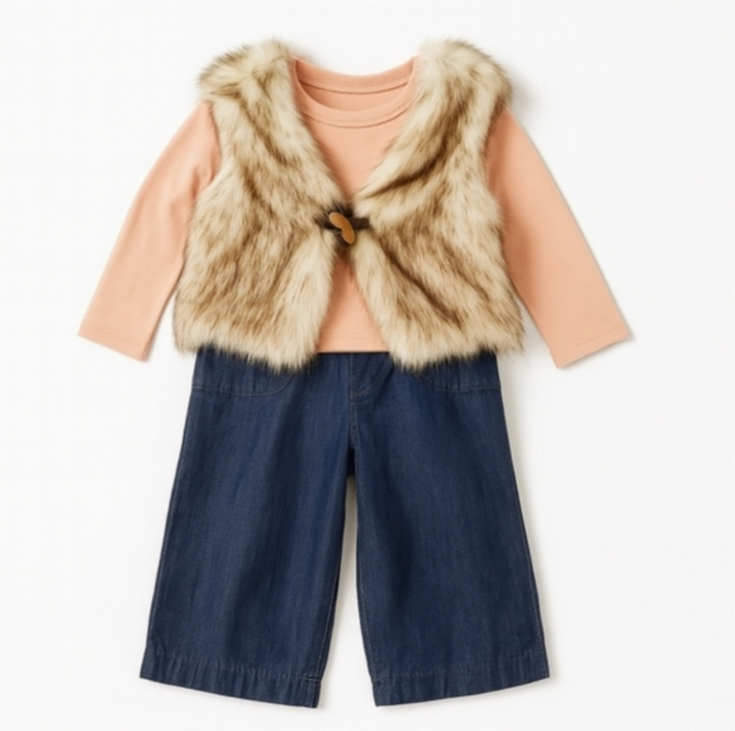 Max Studio 3Pc Girl Tan Faux Fur Vest and Denim Set 24 months