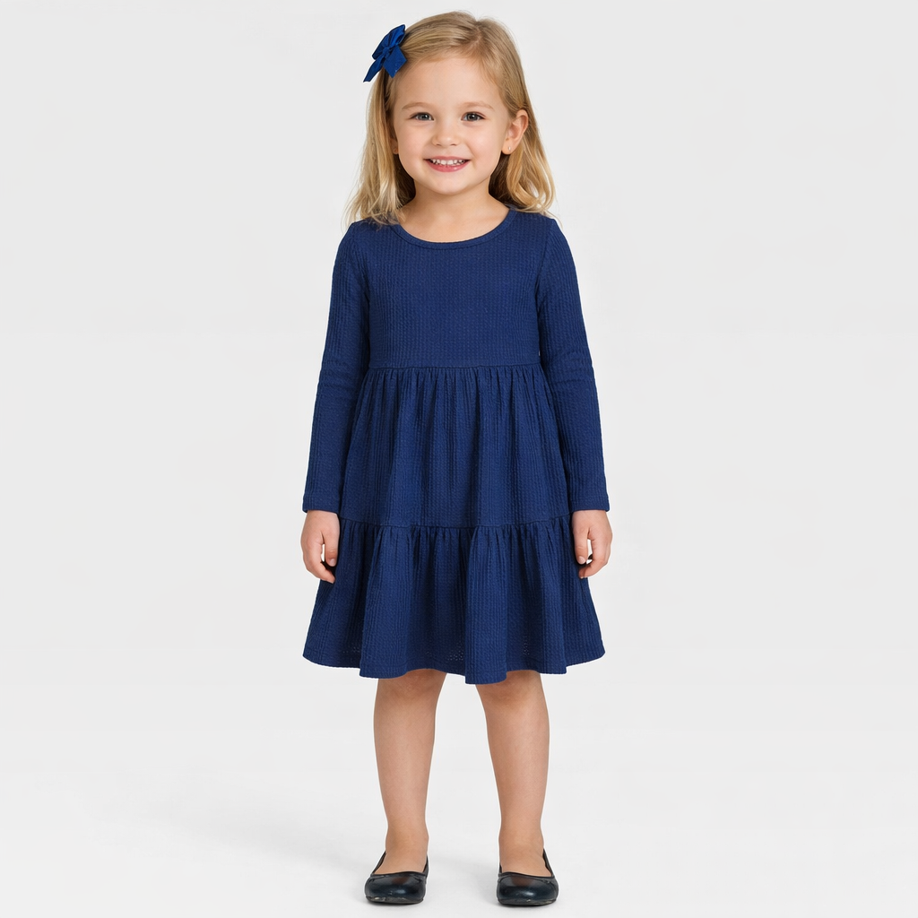Epic Threads Girls Long-Sleeve Waffled Tiered Dress - Navy Sea