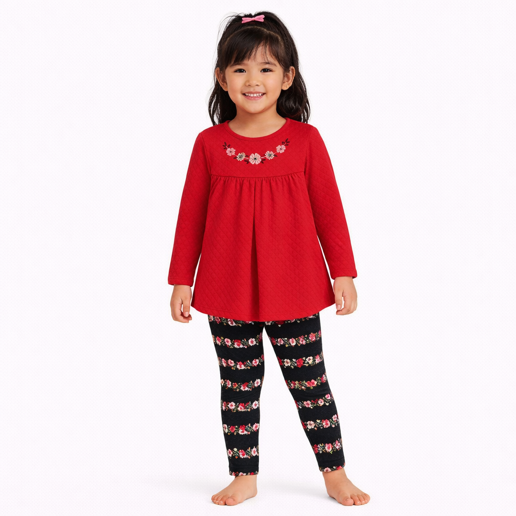 Kids Headquarters Toddler Girls Pleat-Front Quilted a-Line Tunic and Floral-Stripe Leggings, 2-Piece Set - Red