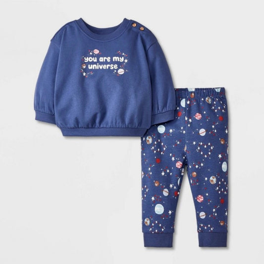 Infant Girls Blue Planets & Stars Universe Pants & Sweatshirt Set