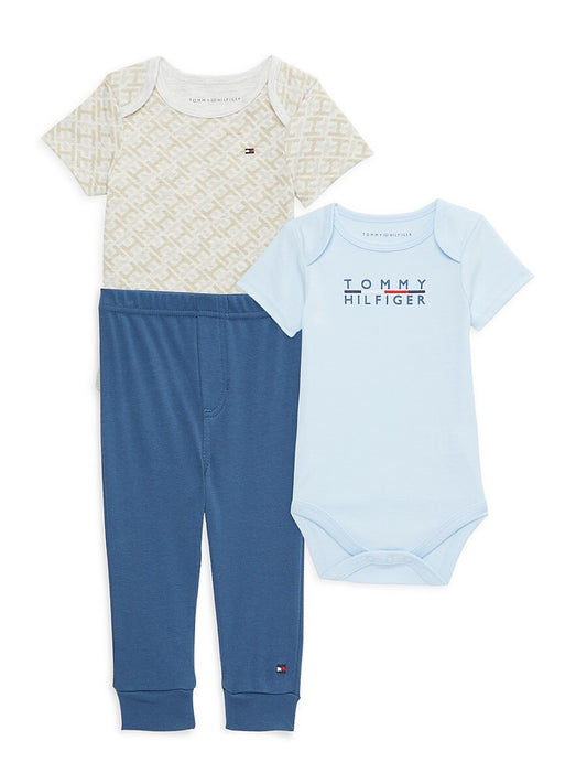 Tommy Hilfiger Baby Boys Logo-Print Bodysuits & Jogger Pants, 3 Piece Set - Blue
