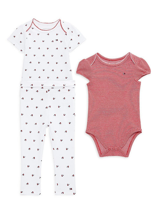 Tommy Hilfiger Baby Girls Pattern Bodysuits and Joggers, 3 Piece Set - Red, White