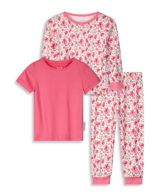 Max & Olivia Toddler Girls Pants, Long Sleeve T-shirt and Short Sleeve T-shirt Snug Fit Pajama Set, 3 Piece - Pink