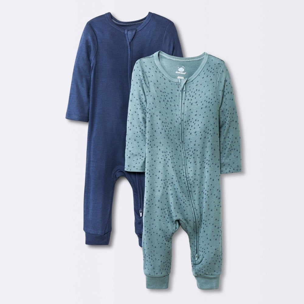 Baby Boys' 2pk Stars So Very Soft Modal Blend Romper - Cloud Island™ Navy Blue Newborn: Long Sleeve, Front Zipper