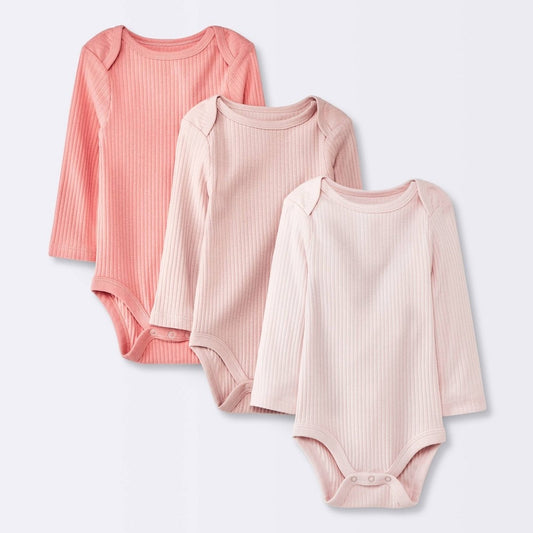Baby Girls' 3pk Long Sleeve Bodysuit - Cloud Island™ Pink 0-3M: Cotton, Midweight, Crotch Snap, Lap Shoulder