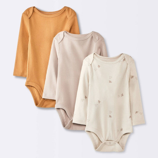 Baby 3pk Birds Long Sleeve Wide Ribbed Bodysuit - Cloud Island™ Bronze 0-3M