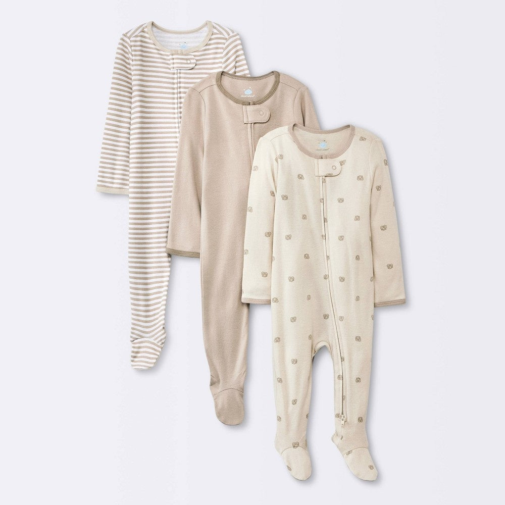 Cloud Island Cotton Sleep N' Play, Khaki 0-3M, 3pk boys