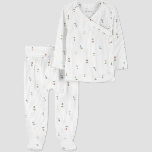 Carter's Just One You® Baby Girls' 2pc Ivory Floral Cardigan Set - Newborn: Cotton Elastane Blend, Side Snap, Footed Pant