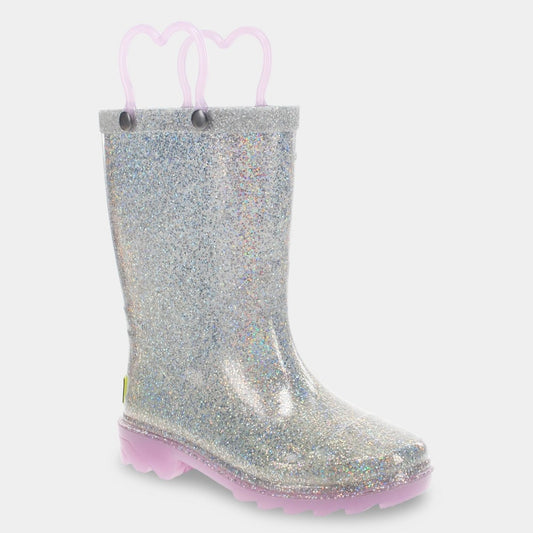 Western Chief Toddler Girls' Abby Glitter Rain Boots - Silver 5T: Waterproof Mid Calf Pull-on with Light up Detail