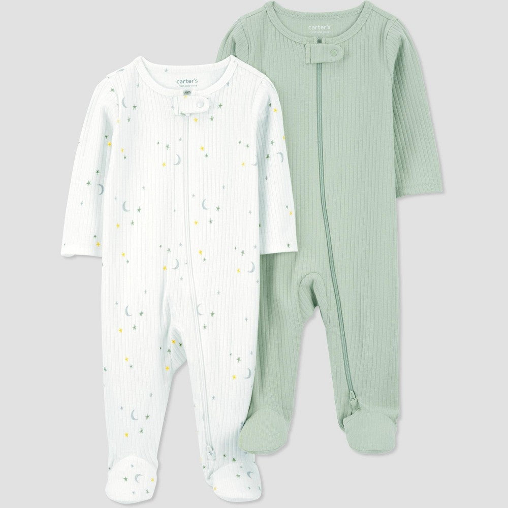 Carter's Just One You® Baby 2pk Sleep N' Play - Green/Ivory Newborn: Footed Pajamas, Two-Way Zipper