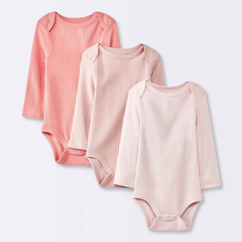 Baby Girls' 3pk Long Sleeve Bodysuit - Cloud Island™ Pink 3-6M: Cotton, Midweight, Crotch Snap