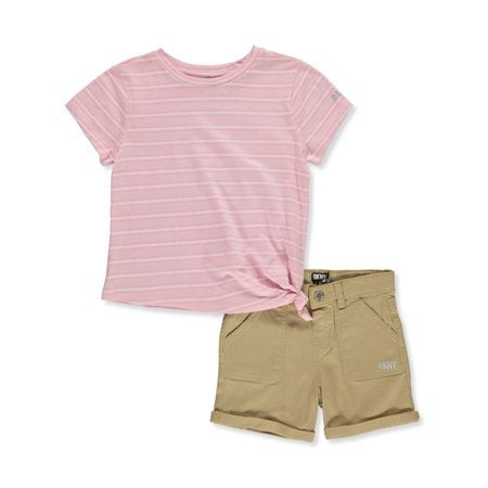DKNY Girls Stripe Denim Shorts Set, Khaki - Size 12