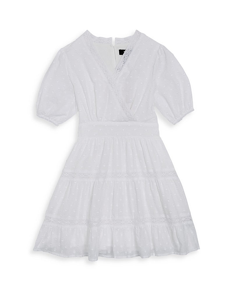 Aqua Girls' Tiered Dress Puff Sleeve Lace Trim, Size L